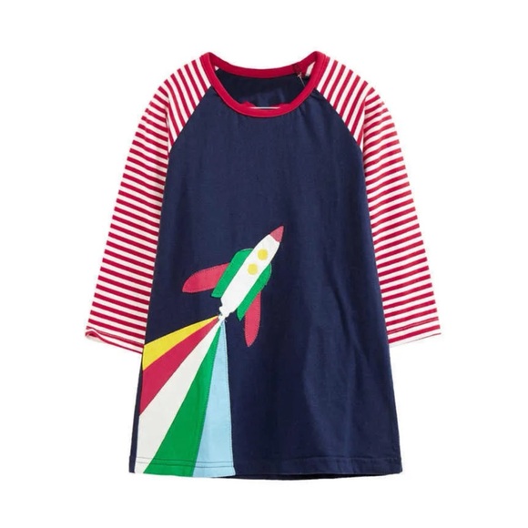 Mini Boden Bright Multicolor Long Sleeve Rocket Graphic Dress Girls 3-4Y - Picture 1 of 8